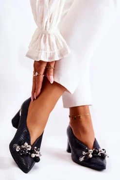 Laura Messi Skórzane Czółenka Z Ozdobą 2487 Czarne