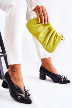 Laura Messi Skórzane Czółenka Z Ozdobą 2487 Czarne