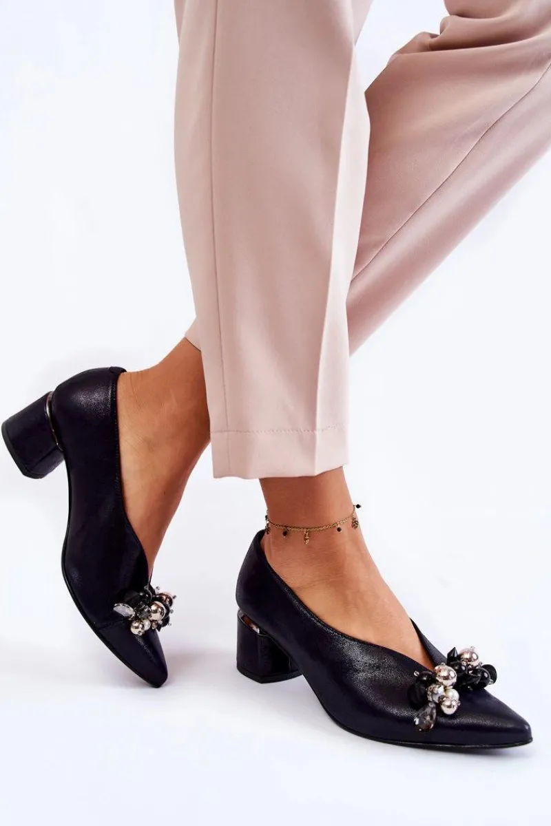 Clearance Skórzane Czółenka Z Ozdobą 2487 Granatowe Damskie Czółenka Klasyczne