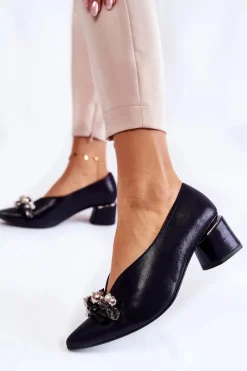 Clearance Skórzane Czółenka Z Ozdobą 2487 Granatowe Damskie Czółenka Klasyczne