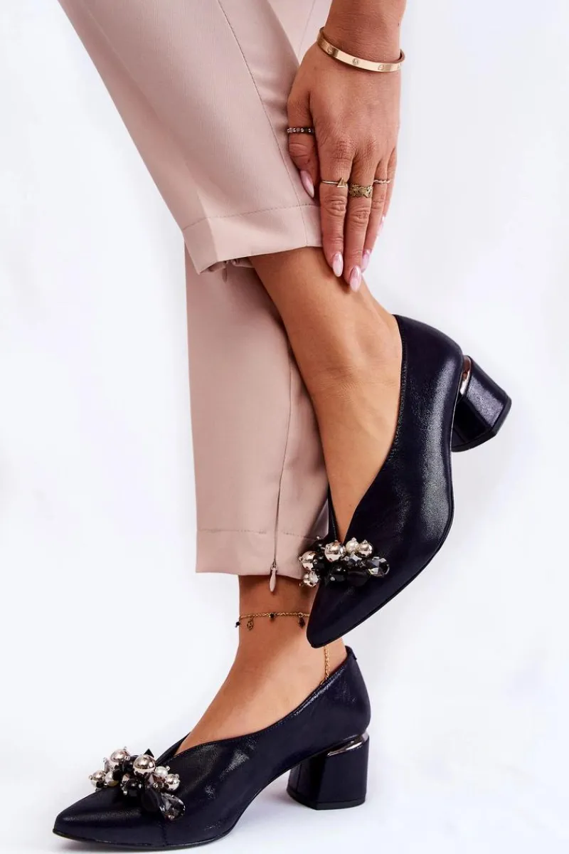 Clearance Skórzane Czółenka Z Ozdobą 2487 Granatowe Damskie Czółenka Klasyczne