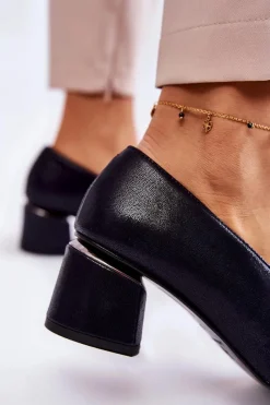 Clearance Skórzane Czółenka Z Ozdobą 2487 Granatowe Damskie Czółenka Klasyczne