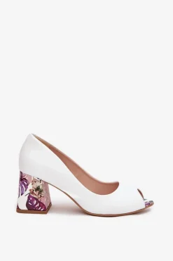 Online Skórzane Czółenka Z Ozdobnym Obcasem Lewski Shoes 2608/K Białe Damskie Czółenka Na Słupku|Czółenka Klasyczne