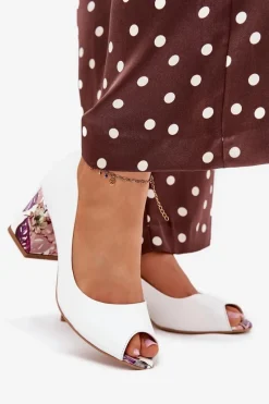 Online Skórzane Czółenka Z Ozdobnym Obcasem Lewski Shoes 2608/K Białe Damskie Czółenka Na Słupku|Czółenka Klasyczne