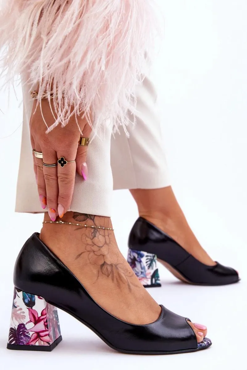 Czółenka Na Słupku|Czółenka Klasyczne>Boto Skórzane Czółenka Z Ozdobnym Obcasem Lewski Shoes 2608/K Czarne Czarny