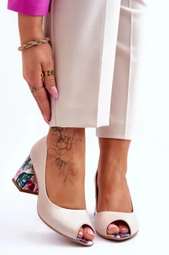 Best Skórzane Czółenka Z Ozdobnym Obcasem Lewski Shoes 2608/K Perłowy Damskie Czółenka Na Słupku|Czółenka Klasyczne