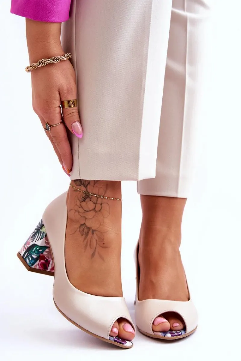 Best Skórzane Czółenka Z Ozdobnym Obcasem Lewski Shoes 2608/K Perłowy Damskie Czółenka Na Słupku|Czółenka Klasyczne