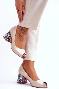 Best Skórzane Czółenka Z Ozdobnym Obcasem Lewski Shoes 2608/K Perłowy Damskie Czółenka Na Słupku|Czółenka Klasyczne