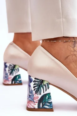 Best Skórzane Czółenka Z Ozdobnym Obcasem Lewski Shoes 2608/K Perłowy Damskie Czółenka Na Słupku|Czółenka Klasyczne