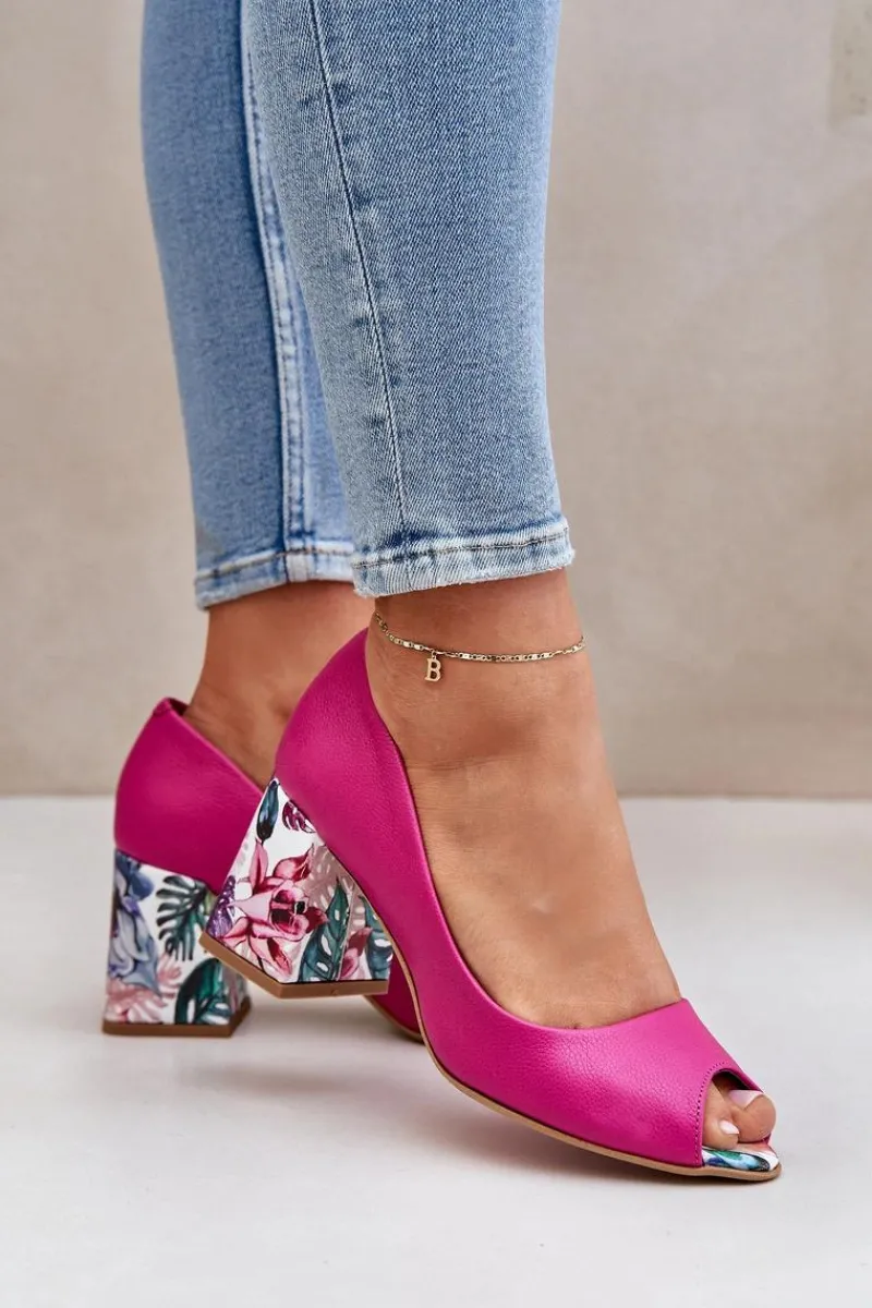 Czółenka Na Słupku|Czółenka Klasyczne>Boto Skórzane Czółenka Z Ozdobnym Obcasem Lewski Shoes 2608/K Fuksja