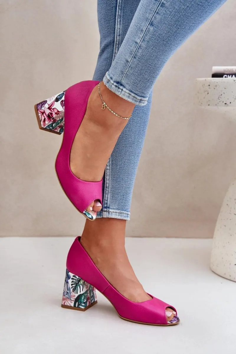 Czółenka Na Słupku|Czółenka Klasyczne>Boto Skórzane Czółenka Z Ozdobnym Obcasem Lewski Shoes 2608/K Fuksja