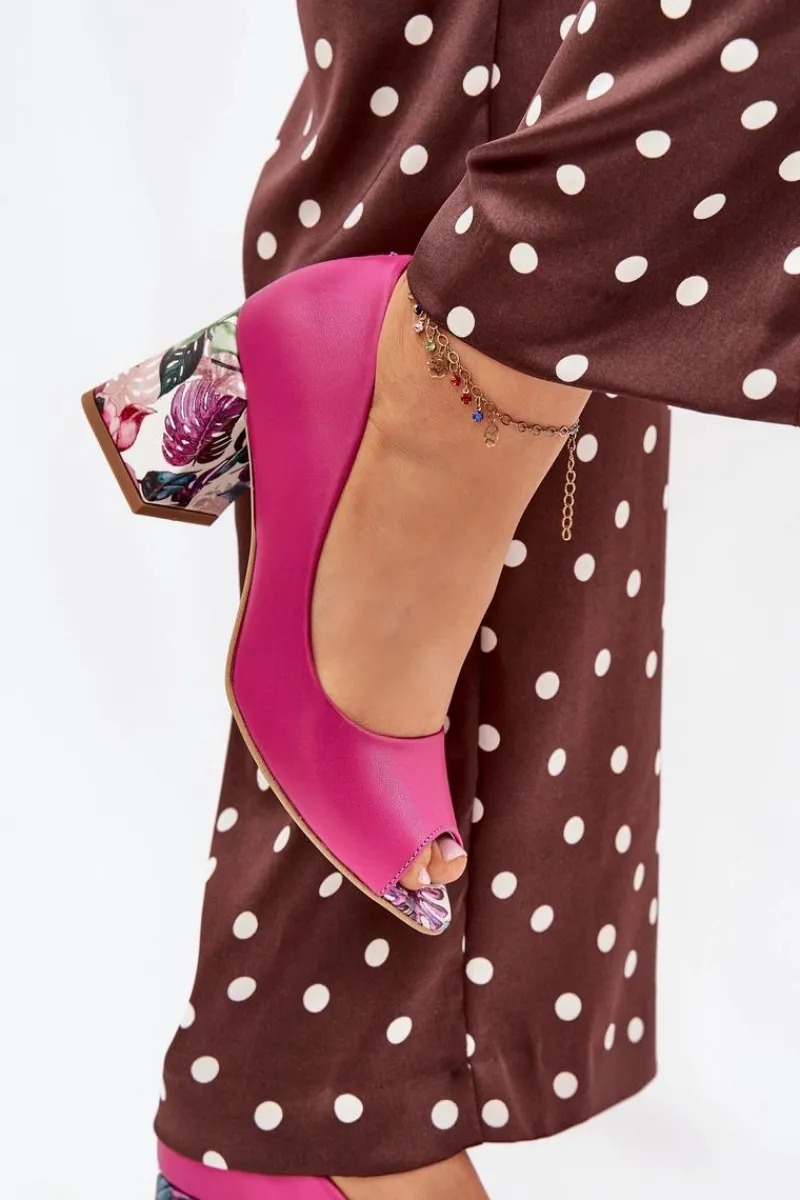 Sale Boto Skórzane Czółenka Z Ozdobnym Obcasem Lewski Shoes 2608/K Fuksja Różowy