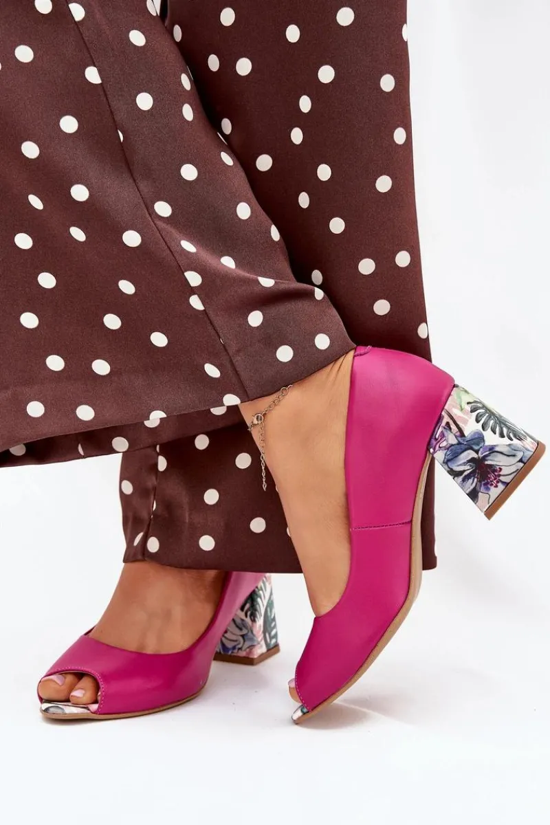 Sale Boto Skórzane Czółenka Z Ozdobnym Obcasem Lewski Shoes 2608/K Fuksja Różowy
