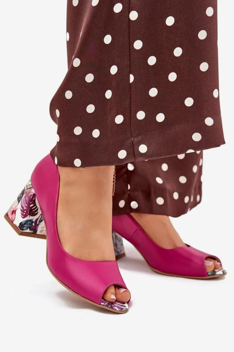 Sale Boto Skórzane Czółenka Z Ozdobnym Obcasem Lewski Shoes 2608/K Fuksja Różowy