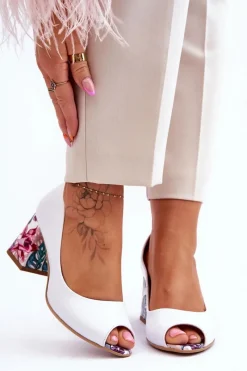 Outlet Skórzane Czółenka Z Ozdobnym Obcasem Lewski Shoes 2608/K Biały Groch Damskie Czółenka Na Słupku|Czółenka Klasyczne