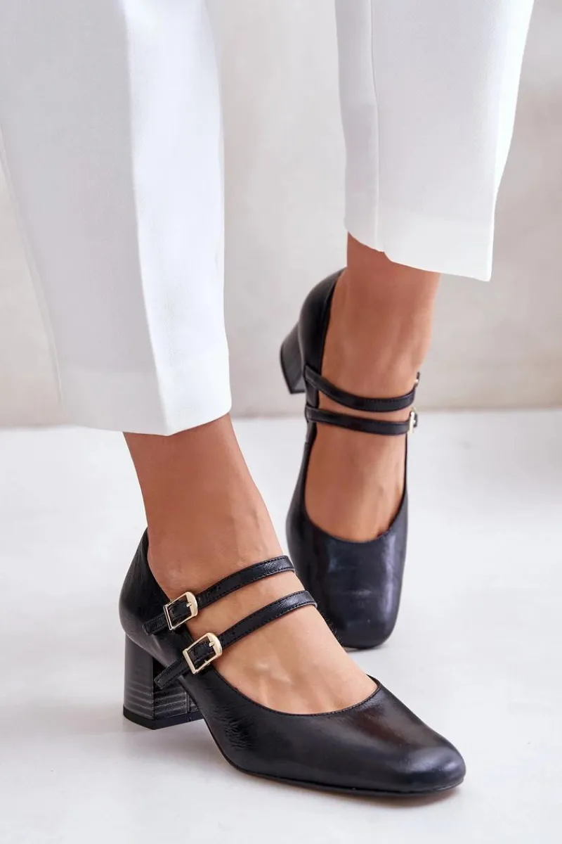 Online Laura Messi Skórzane Czółenka Z Paskami Na Słupku 2857 Czarne