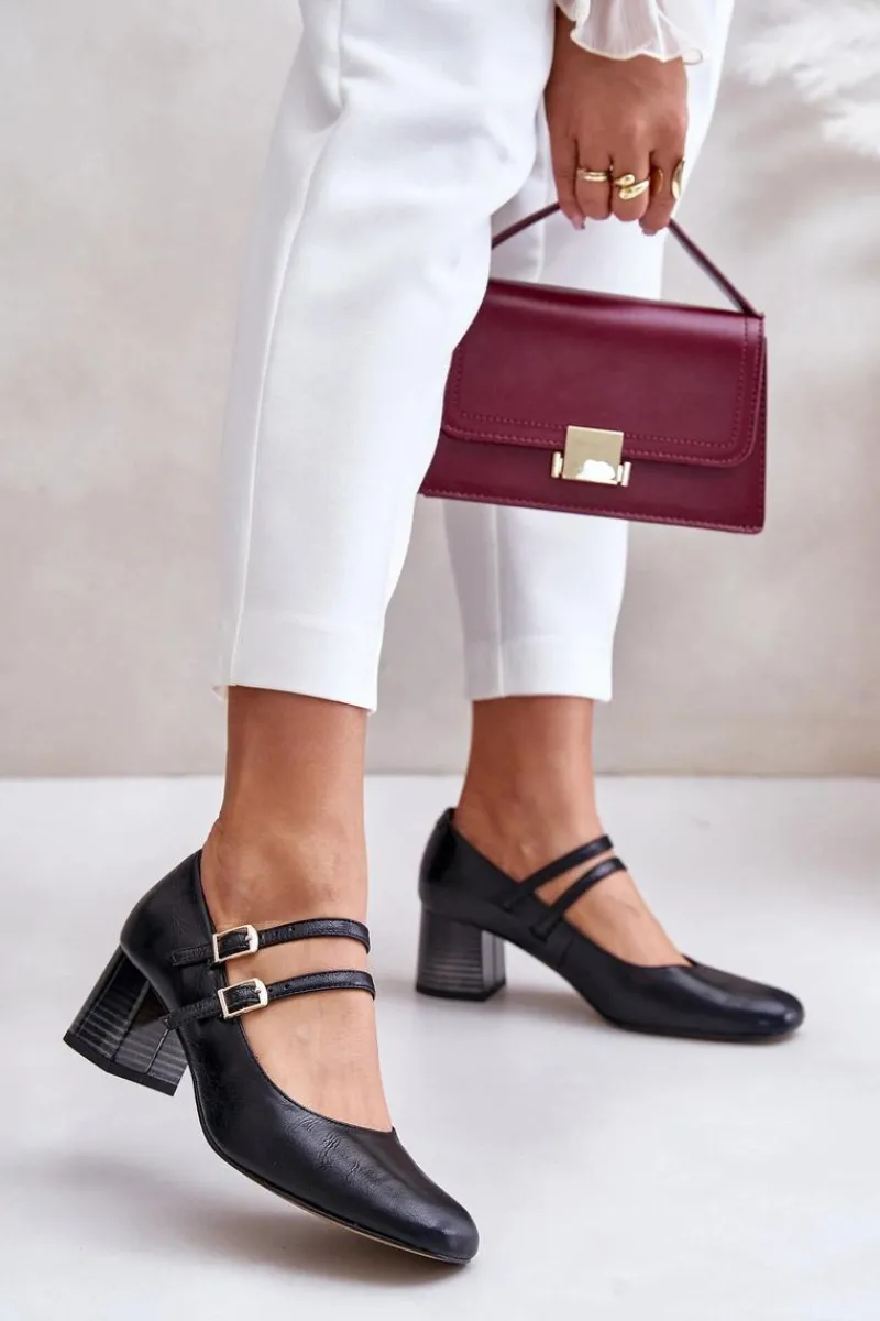 Online Laura Messi Skórzane Czółenka Z Paskami Na Słupku 2857 Czarne