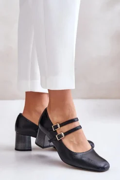 Online Laura Messi Skórzane Czółenka Z Paskami Na Słupku 2857 Czarne