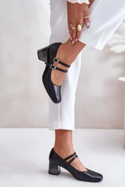 Online Laura Messi Skórzane Czółenka Z Paskami Na Słupku 2857 Czarne