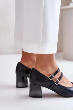 Online Laura Messi Skórzane Czółenka Z Paskami Na Słupku 2857 Czarne