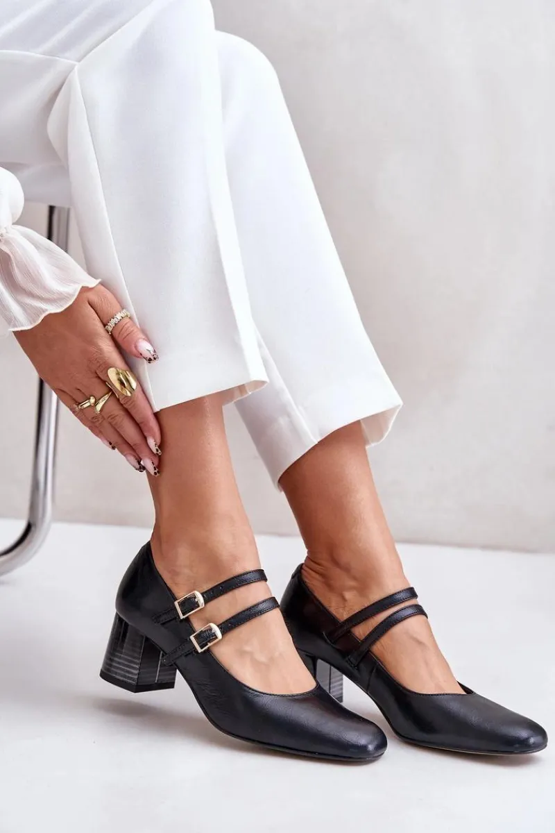 Online Laura Messi Skórzane Czółenka Z Paskami Na Słupku 2857 Czarne