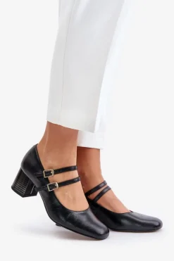 Online Laura Messi Skórzane Czółenka Z Paskami Na Słupku 2857 Czarne