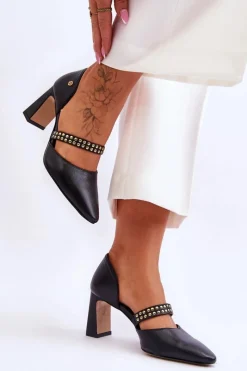 Outlet Skórzane Czółenka Z Paskiem 05950-01 Czarne Damskie Czółenka Na Słupku|Czółenka Klasyczne