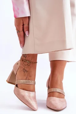 Outlet Skórzane Czółenka Z Paskiem 05950-33 Różowe Damskie Czółenka Na Słupku|Czółenka Klasyczne