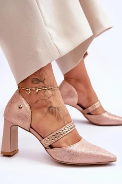 Outlet Skórzane Czółenka Z Paskiem 05950-33 Różowe Damskie Czółenka Na Słupku|Czółenka Klasyczne