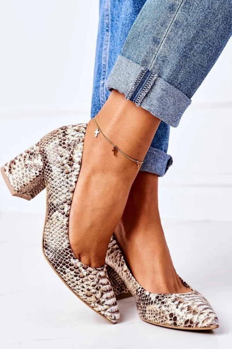 Boto Skórzane Czółenka Z Wężowym Wzorem Lewski Shoes 2801 Złote