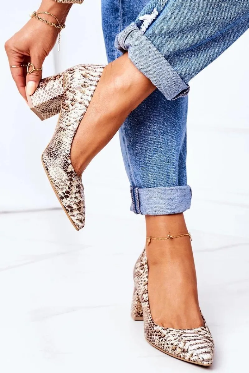 Boto Skórzane Czółenka Z Wężowym Wzorem Lewski Shoes 2801 Złote