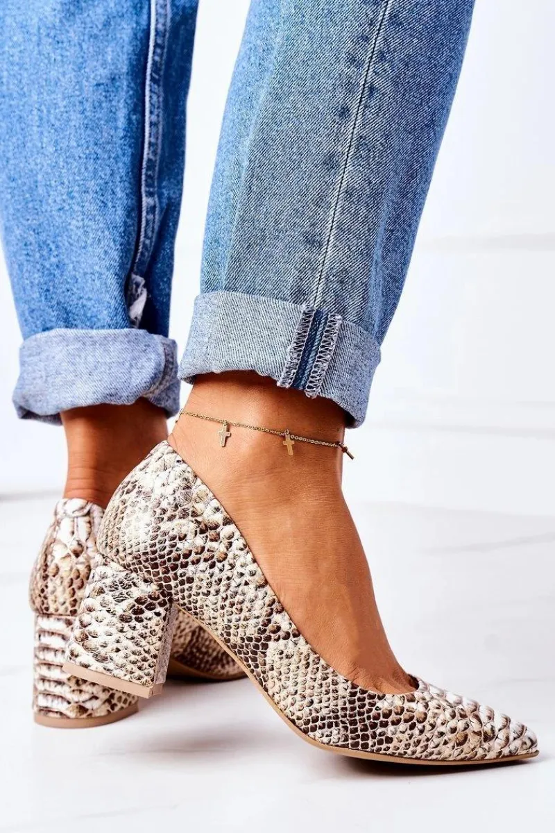 Boto Skórzane Czółenka Z Wężowym Wzorem Lewski Shoes 2801 Złote