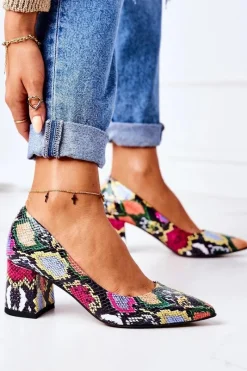 Skórzane Czółenka Z Wężowym Wzorem Lewski Shoes 2801 Kolorowe Damskie Czółenka Na Słupku