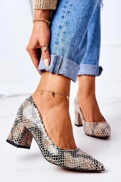 Hot Boto Skórzane Czółenka Ze Zwierzęcym Wzorem Lewski Shoes 2801 Czarno-Beżowe