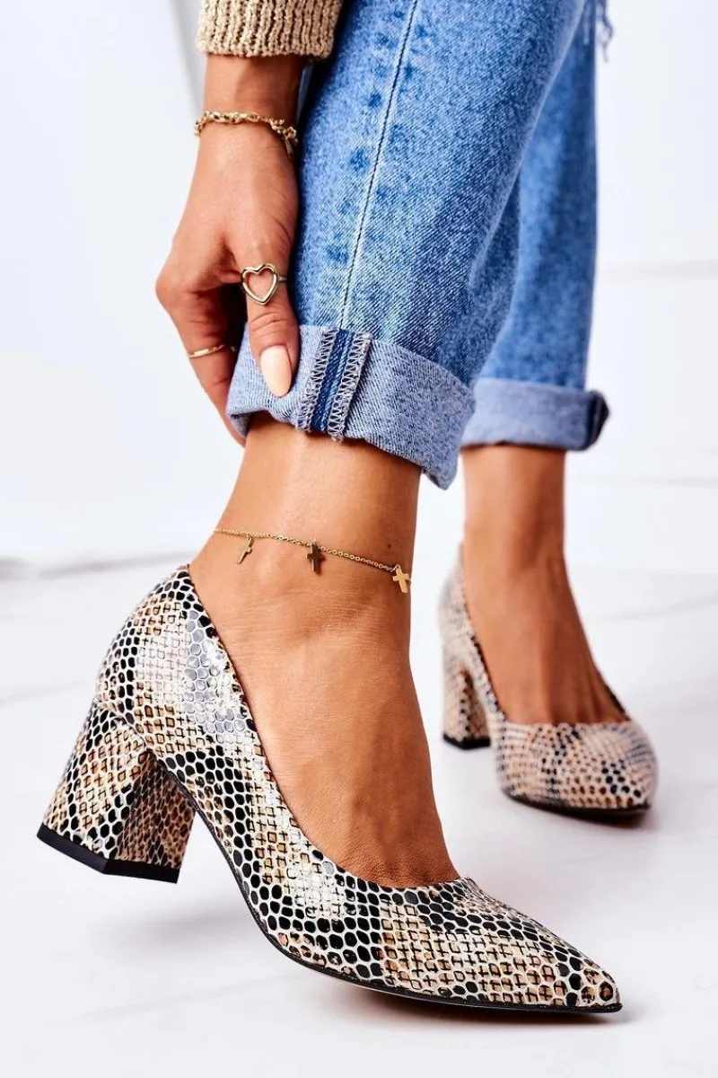 Hot Boto Skórzane Czółenka Ze Zwierzęcym Wzorem Lewski Shoes 2801 Czarno-Beżowe