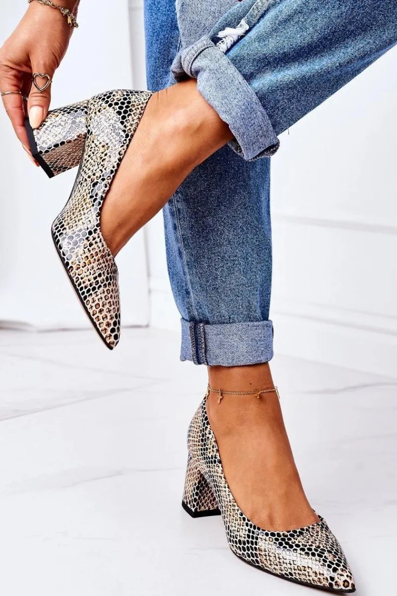 Hot Boto Skórzane Czółenka Ze Zwierzęcym Wzorem Lewski Shoes 2801 Czarno-Beżowe