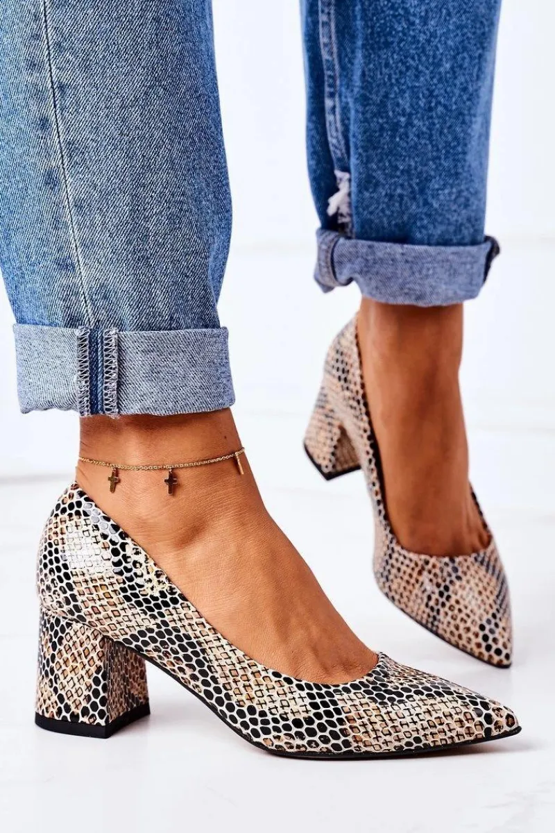 Hot Boto Skórzane Czółenka Ze Zwierzęcym Wzorem Lewski Shoes 2801 Czarno-Beżowe