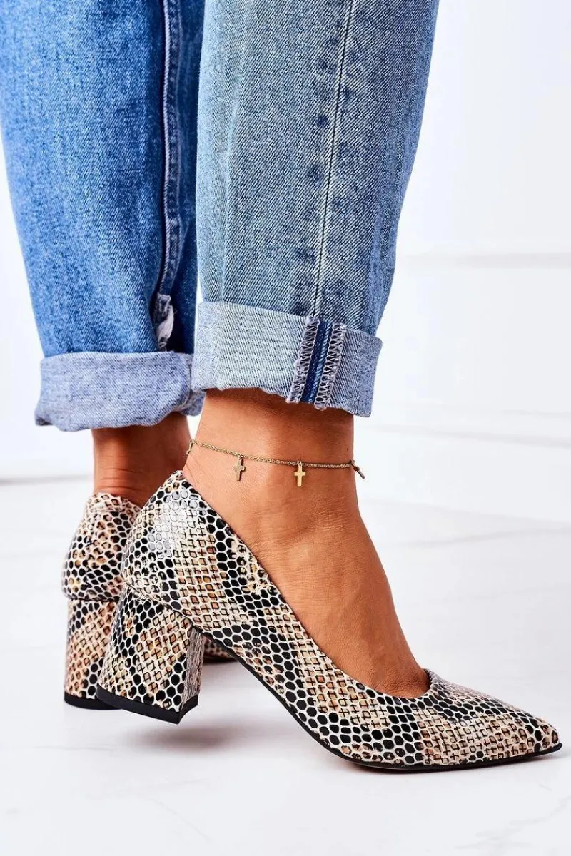 Hot Boto Skórzane Czółenka Ze Zwierzęcym Wzorem Lewski Shoes 2801 Czarno-Beżowe