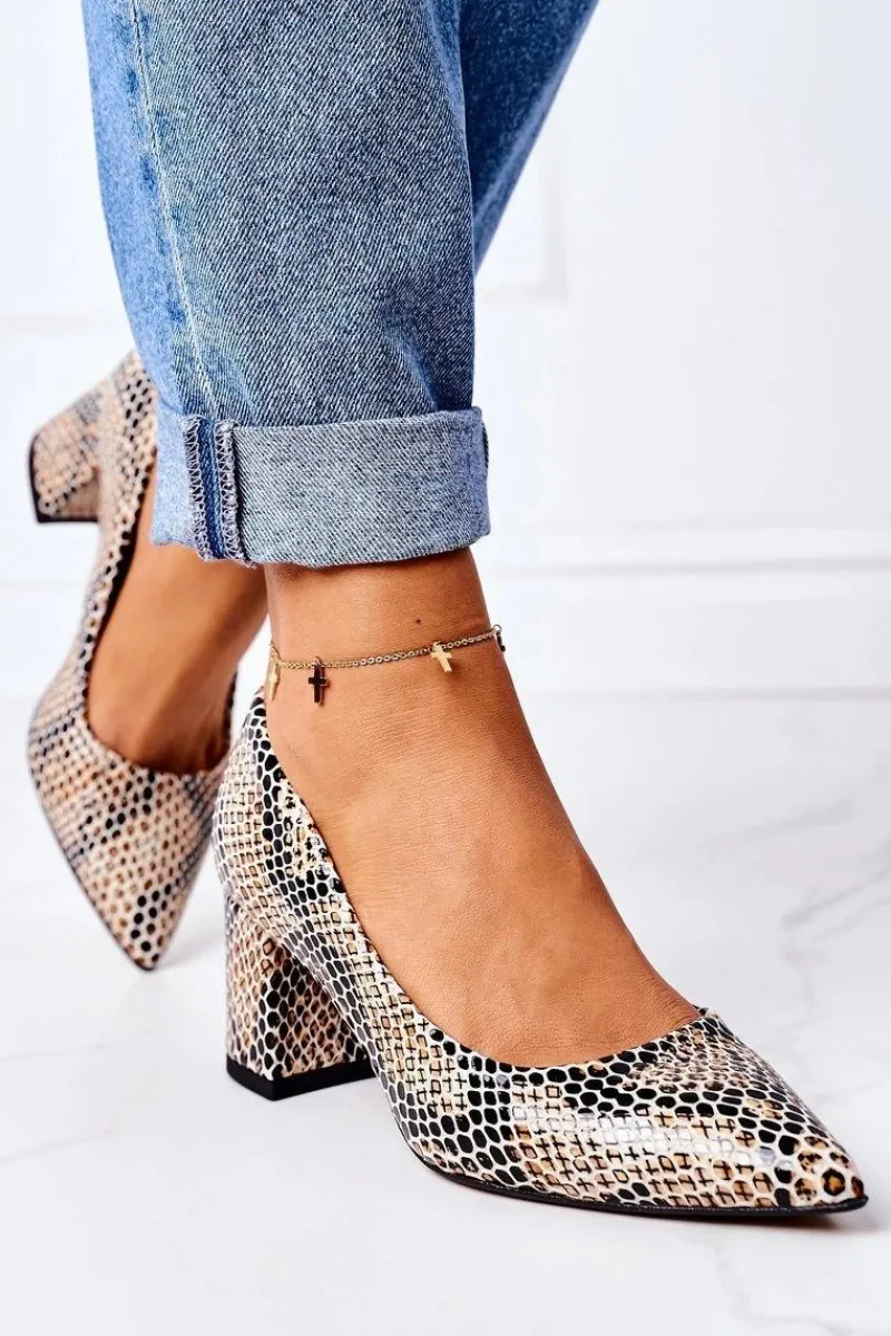 Hot Boto Skórzane Czółenka Ze Zwierzęcym Wzorem Lewski Shoes 2801 Czarno-Beżowe