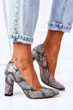 Czółenka Na Słupku>Boto Skórzane Czółenka Ze Zwierzęcym Wzorem Lewski Shoes 2453 Czarno-Niebieskie