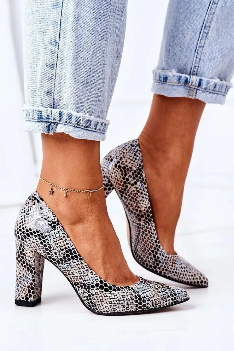 Czółenka Na Słupku>Boto Skórzane Czółenka Ze Zwierzęcym Wzorem Lewski Shoes 2453 Czarno-Niebieskie