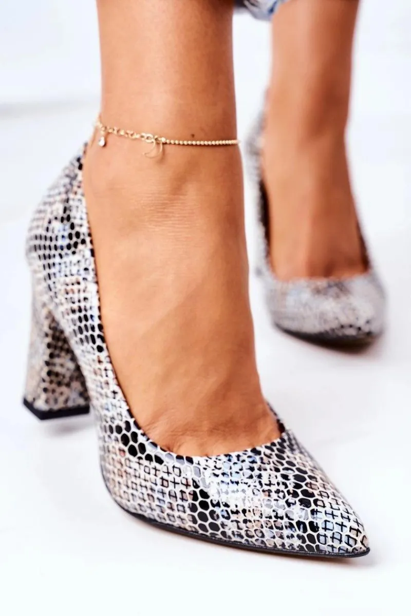 Czółenka Na Słupku>Boto Skórzane Czółenka Ze Zwierzęcym Wzorem Lewski Shoes 2453 Czarno-Niebieskie