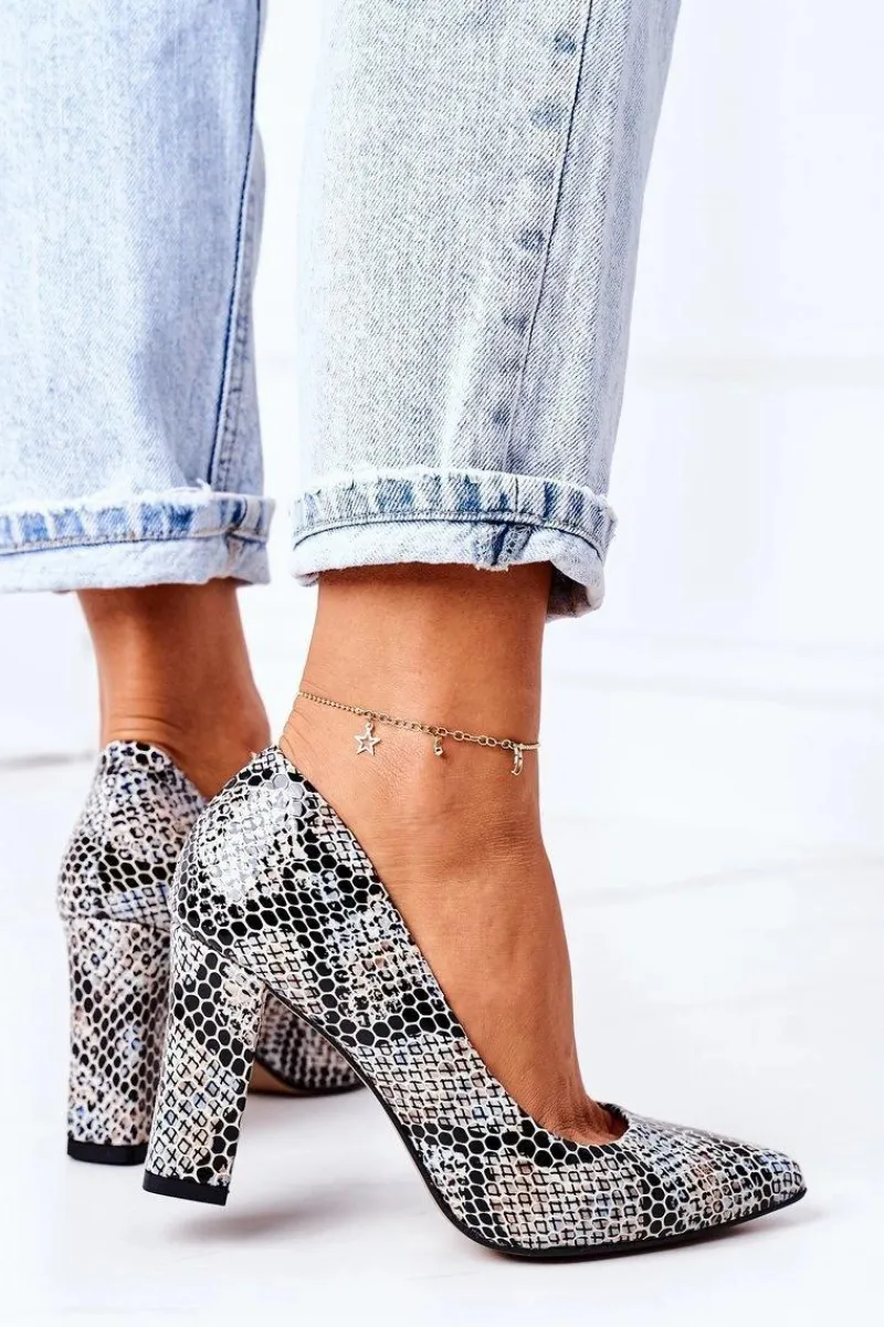 Czółenka Na Słupku>Boto Skórzane Czółenka Ze Zwierzęcym Wzorem Lewski Shoes 2453 Czarno-Niebieskie