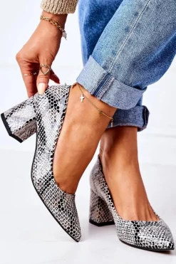 Czółenka Na Słupku>Boto Skórzane Czółenka Ze Zwierzęcym Wzorem Lewski Shoes 2801 Czarno-Niebieskie