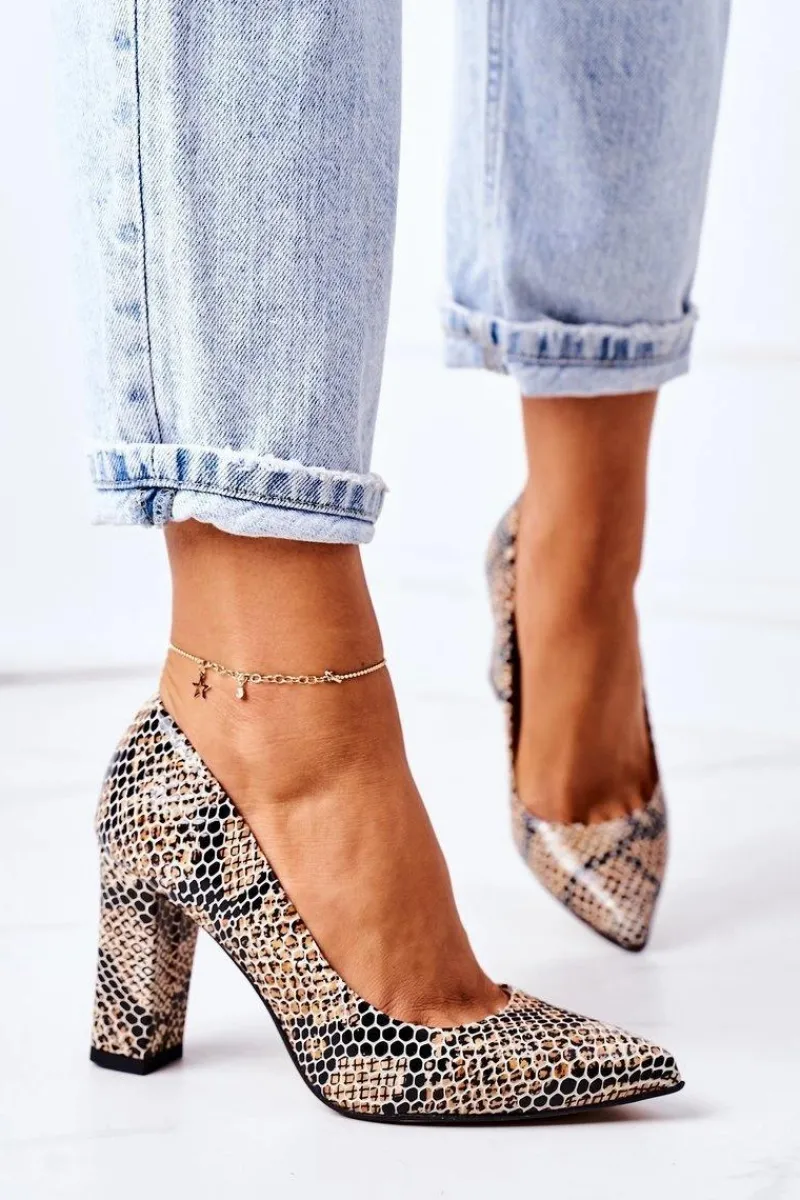 Hot Boto Skórzane Czółenka Ze Zwierzęcym Wzorem Lewski Shoes 2453 Czarno-Beżowe