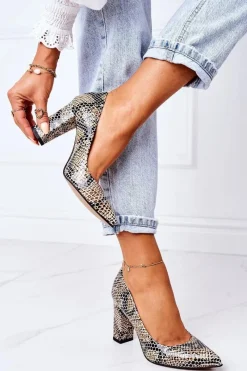 Hot Boto Skórzane Czółenka Ze Zwierzęcym Wzorem Lewski Shoes 2453 Czarno-Beżowe