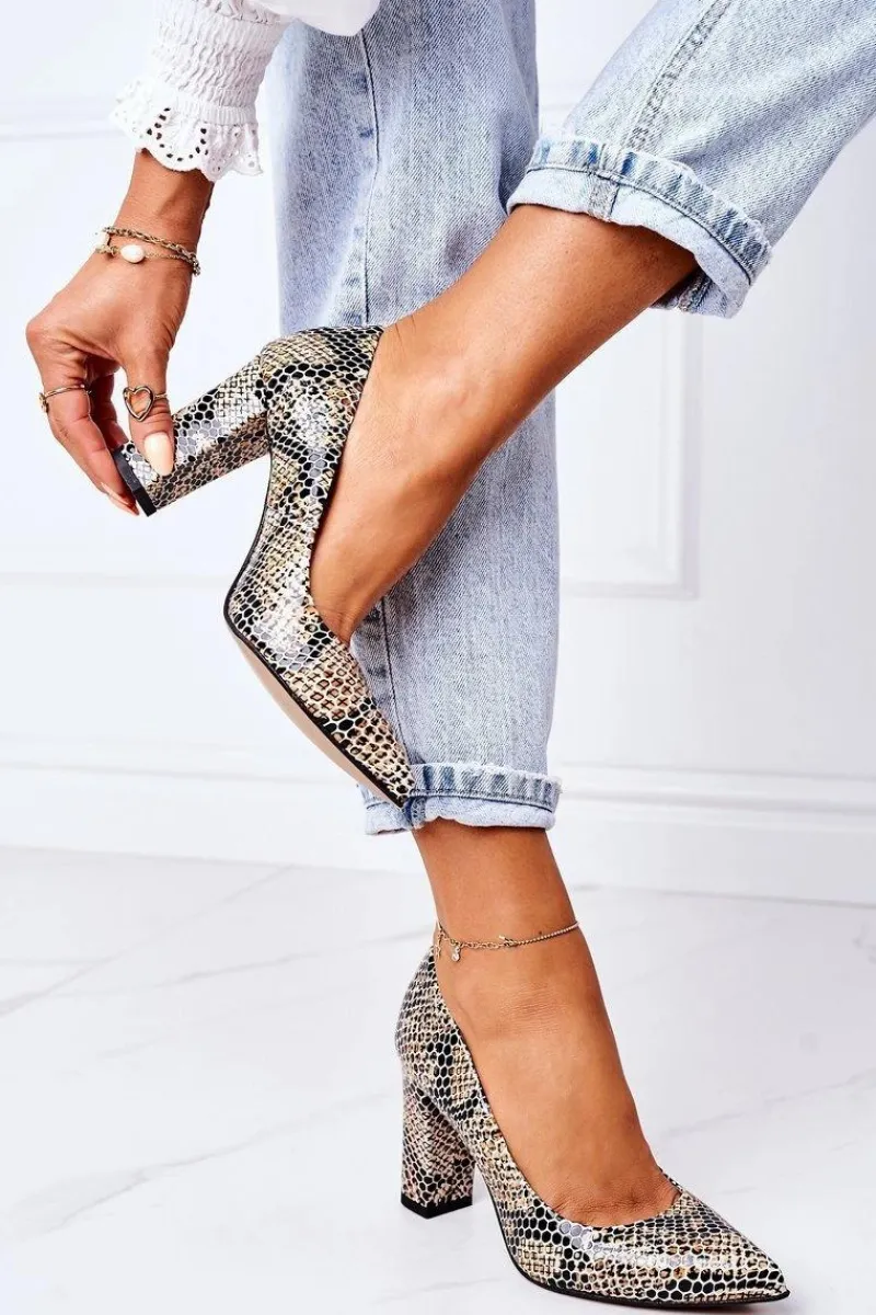 Hot Boto Skórzane Czółenka Ze Zwierzęcym Wzorem Lewski Shoes 2453 Czarno-Beżowe