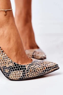 Hot Boto Skórzane Czółenka Ze Zwierzęcym Wzorem Lewski Shoes 2453 Czarno-Beżowe