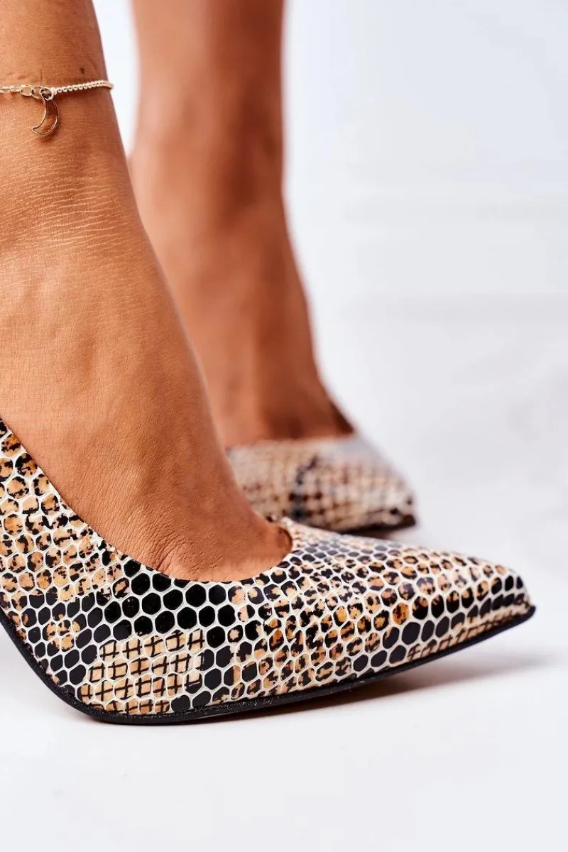 Hot Boto Skórzane Czółenka Ze Zwierzęcym Wzorem Lewski Shoes 2453 Czarno-Beżowe