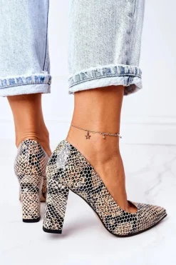Hot Boto Skórzane Czółenka Ze Zwierzęcym Wzorem Lewski Shoes 2453 Czarno-Beżowe
